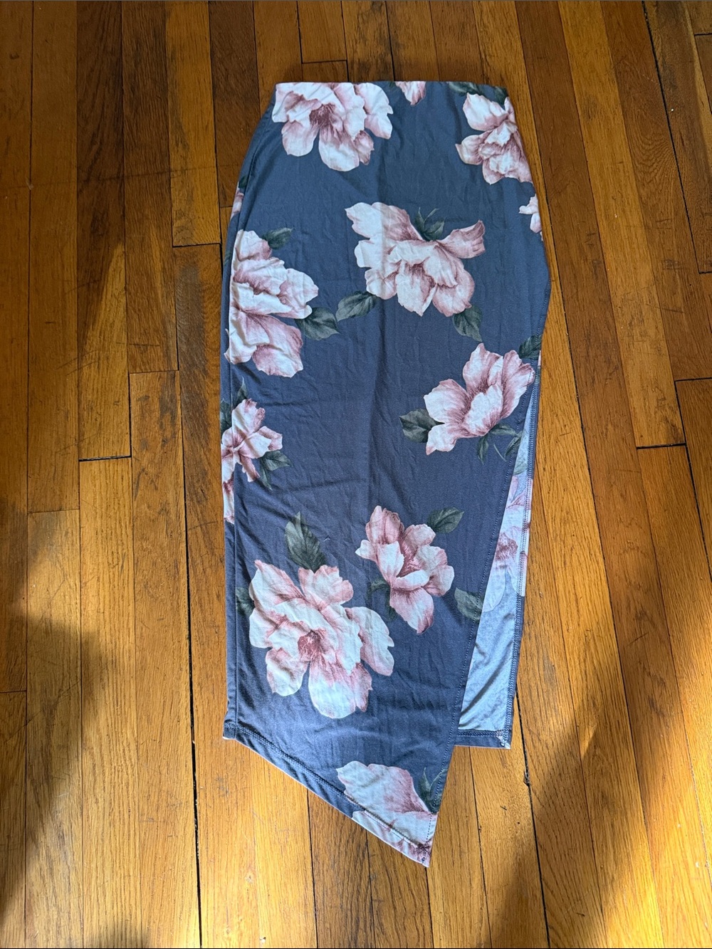 Windsor Blue High-Low Floral Midi Skirt with Pink Blooms
